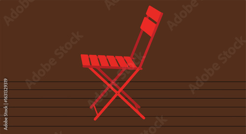 Red chair sits unused on a wood patio. Seating for relaxing outside