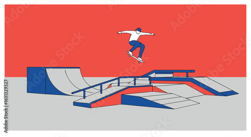 Skater jumps ramp at park, against flat red for a modern, graphic illustration use