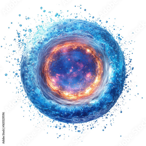 Luminous cellular structure with energy core, representing biological processes, scientific research on transparent background
