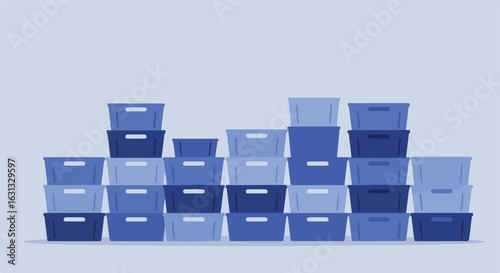 Stacked blue storage bins for organization with empty background for text overlay