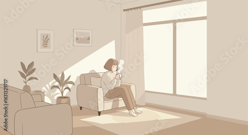 Woman relaxing, drinking hot beverage in a modern living room, thinking, plants