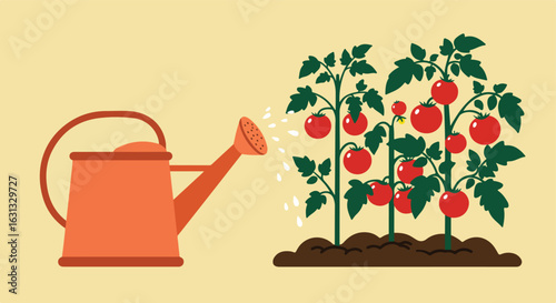 Watering tomatoes growing in soil. Garden background. Use Gardening article