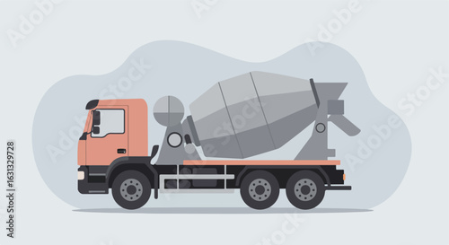 Cement truck stands on construction site, against a flat, wavy background for ads