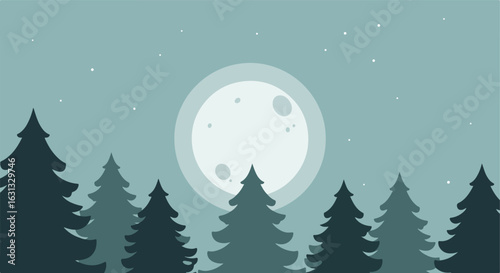Vector pines under moon and stars for christmas card, web design, or backdrop