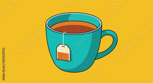 Brewing teacup, bag dips in water, yellow background, illustration for graphic design