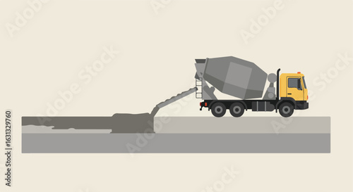 Cement truck pours material on new road in construction, background is empty