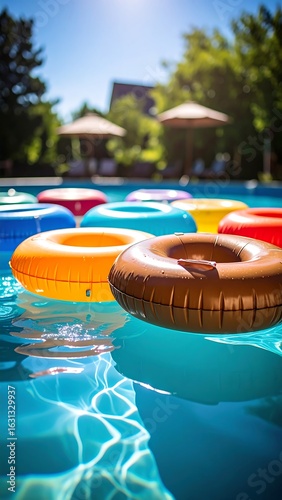 Colorful inflatable rings float in a sparkling blue pool, with blurred background of umbrellas and greenery suggesting a sunny resort