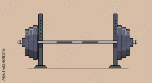 Barbell with plates on rack against a neutral background for powerlifting