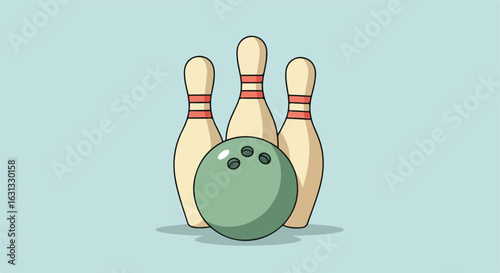 Cartoon pins awaiting bowling ball strike on light blue background for decoration