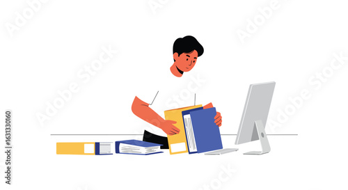 Person organizing files in office with computer and folders in background