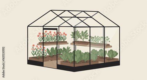 Greenhouse gardening, vegetables, and flowers grow in layered beds, illustration