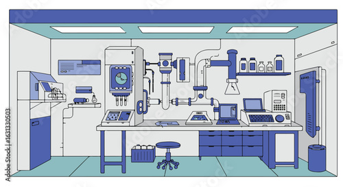 Cartoon laboratory equipment at a station for research/scientific study