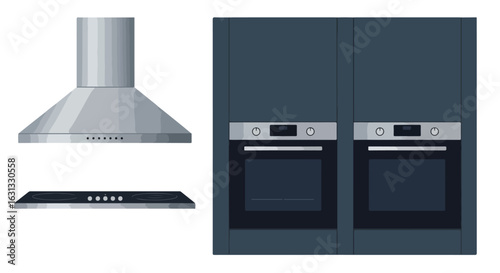 Kitchen appliances showcasing oven, cooktop, extractor for interior design use