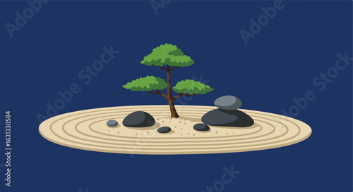 Japanese zen garden illustration with tree and rocks, on dark backdrop, for mediation