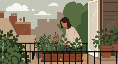 Woman tends potted plants on a balcony overlooking a city, promoting green living