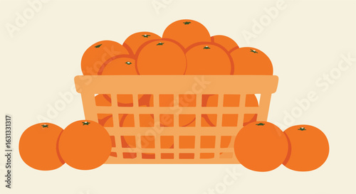 Illustration of oranges in a basket against a plain background, stock image