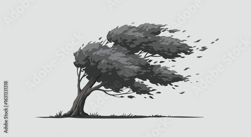 Lonely tree bends in wind. Leaves blow, weather graphic illustration. Use for design