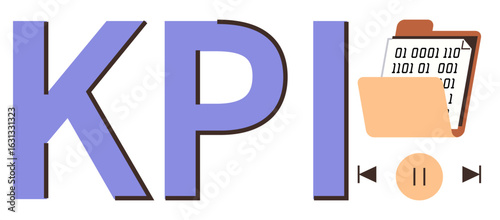 Bold KPI text paired with an open folder containing binary data, playpause icons for progress tracking. Ideal for performance metrics, analytics, business strategies, productivity, monitoring