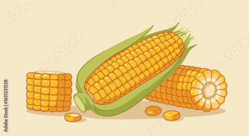 Corn on the cob illustration on beige background for website or menu design