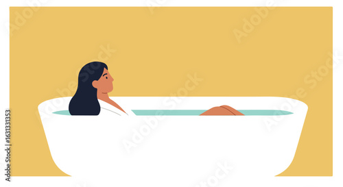 Woman relaxes in a bathtub against solid background, used for self care promotion