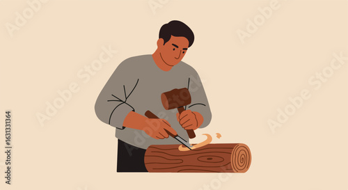 Craftsman chiseling wood log in workshop; plain background, tutorial use