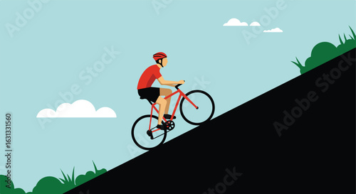 Cyclist riding uphill; sky with clouds. Healthy lifestyle, outdoor graphic design