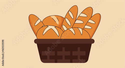 Loaves of bread in basket. Food illustration with no background. Menu use