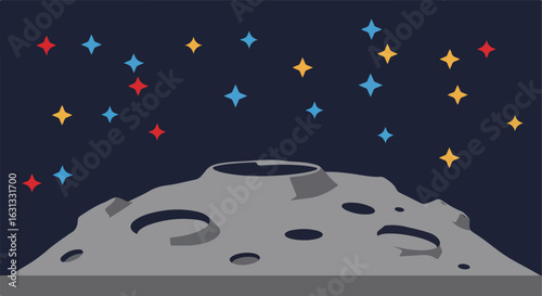 Lunar surface with craters under colorful stars for space/astronomy projects