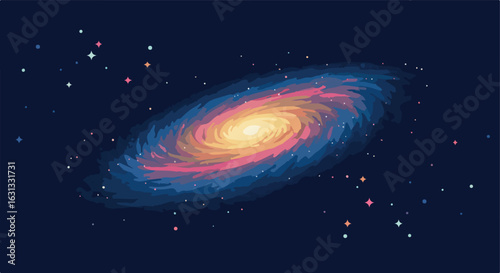 Cartoon galaxy spinning in outer space against a backdrop of colorful stars