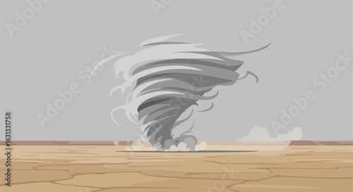 Whirlwind touches down on arid plain, kicking up dust, used to illustrate disaster