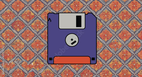 Isolated floppy disk on retro floral pattern. Reminiscent of data archive
