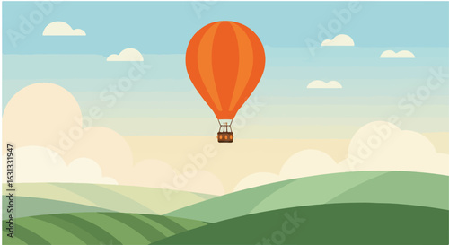 Hot air balloon flying over the hills with clouds in the sky for vacation ad