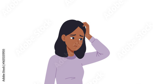 Confused and anxious woman holding her head in distress. Vector illustration depicting mental health issues and stress.