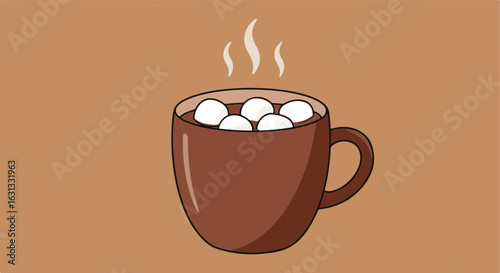 Steaming mug of cocoa filled with marshmallows on a brown plain backdrop for winter ads