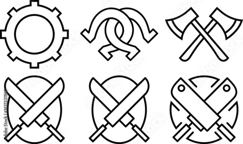 Collection of six vintage industrial and agricultural emblems and symbols including a gear horseshoes axes and crossed knives isolated on transparent background