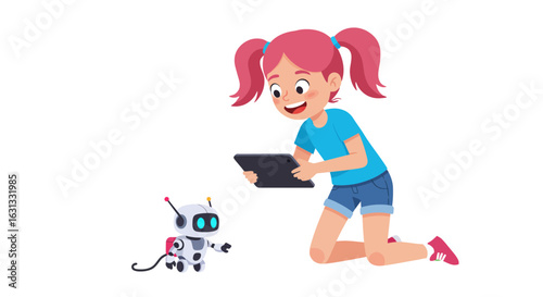 Happy child learning coding and robotics with a smart toy robot and a tablet. Future of education and technology concept.