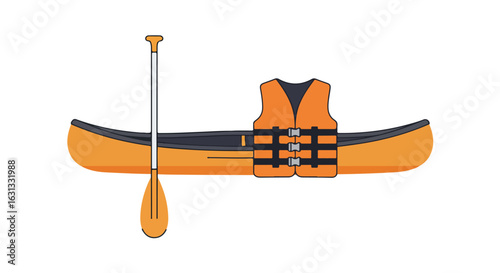 Ready kayak with life vest and paddle on a blank background for safety