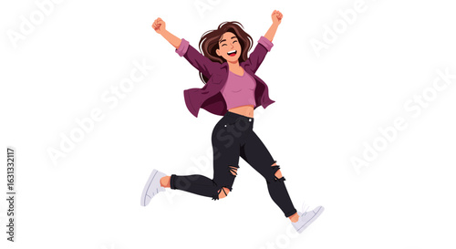 Joyful energetic young woman jumping for joy. Illustration of a person celebrating success and freedom on a white background.