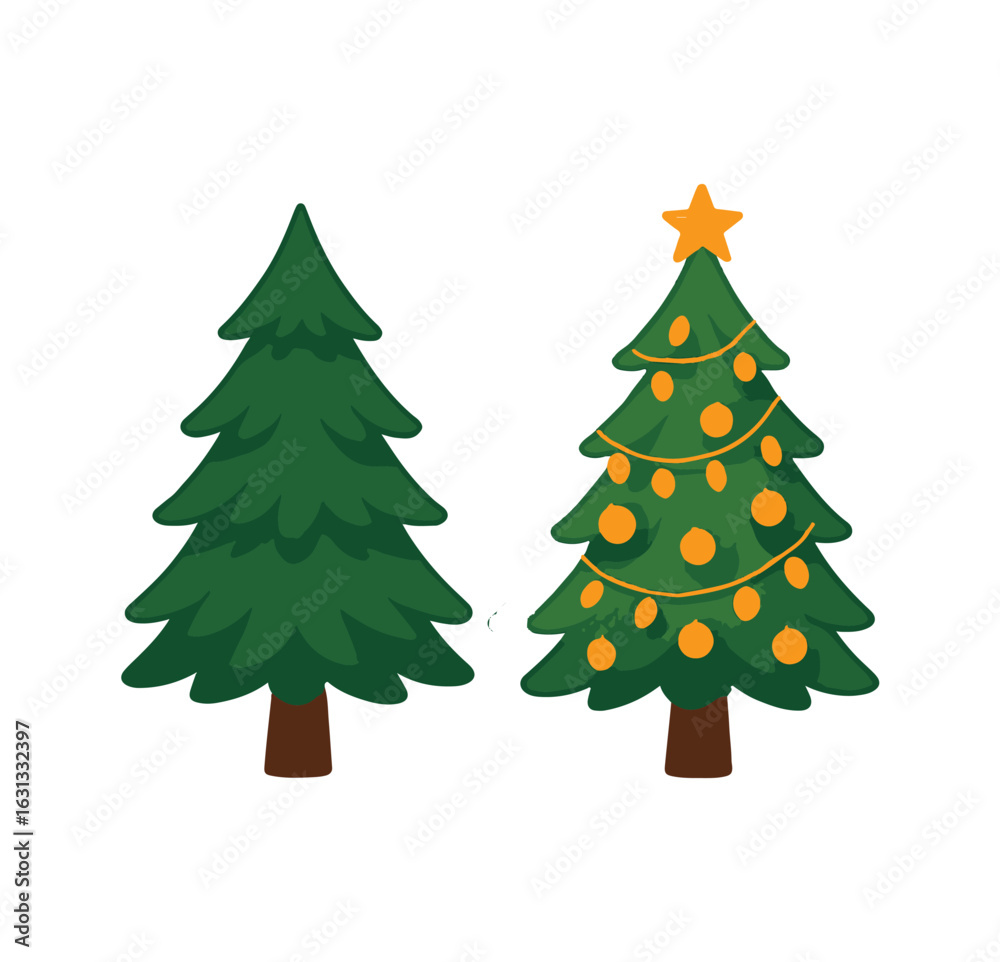 Fototapeta premium Two decorated and undecorated christmas trees silhouette isolated on white background