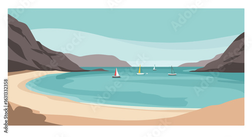 Yachts sail on calm bay with mountain view, for travel brochures, posters