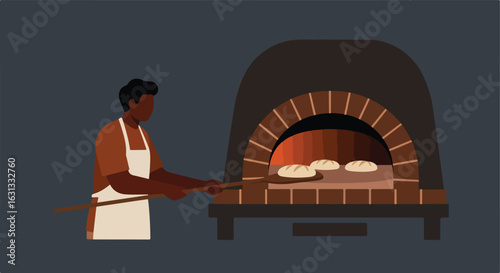 Baker Using Peel to Load Bread into a Brick Oven; Restaurant, Bakery, Pizza
