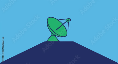 Antenna receives transmissions, atop a hill, with blue background, usage diagram
