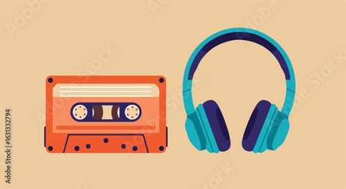 Audio Cassette Tape, Headset, Music Tech, Lay Flat, Brown Background, Retro, Stock Image