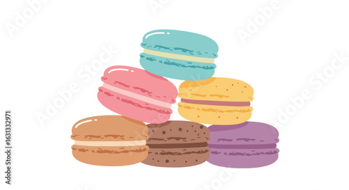 Colorful macarons stacked on a plain backdrop. Food illustration for web