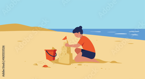 Child building sandcastle on beach near ocean waves, vacation, illustration