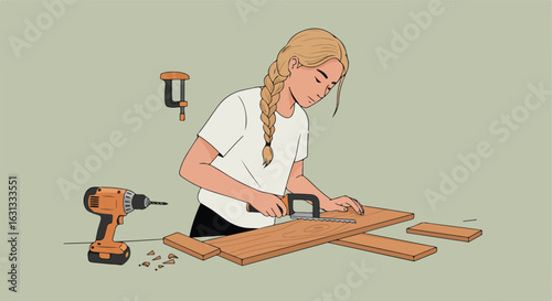 DIY woman sawing wood on a table with power tools in the background for project