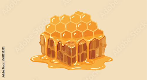 Honeycomb dripping liquid honey, on a light background. Healthy food, sweet, illustration