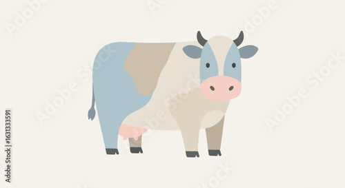 Illustrated cow stands against a plain background, for children’s education