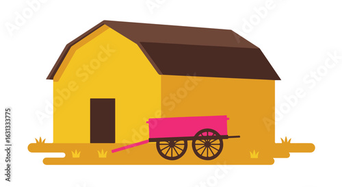 Vector of a barn with a pink cart outside, isolated for digital farm applications