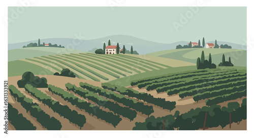 Scenic vineyard with a rural farmhouse against hills for agricultural needs